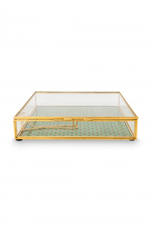 Storage Box Glass Varnished Bottom Gold Square 21x21x4cm